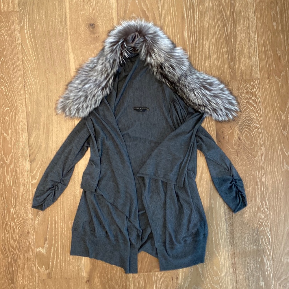 Alice + Olivia blue gray fox fur collar cardigan women’s size XS